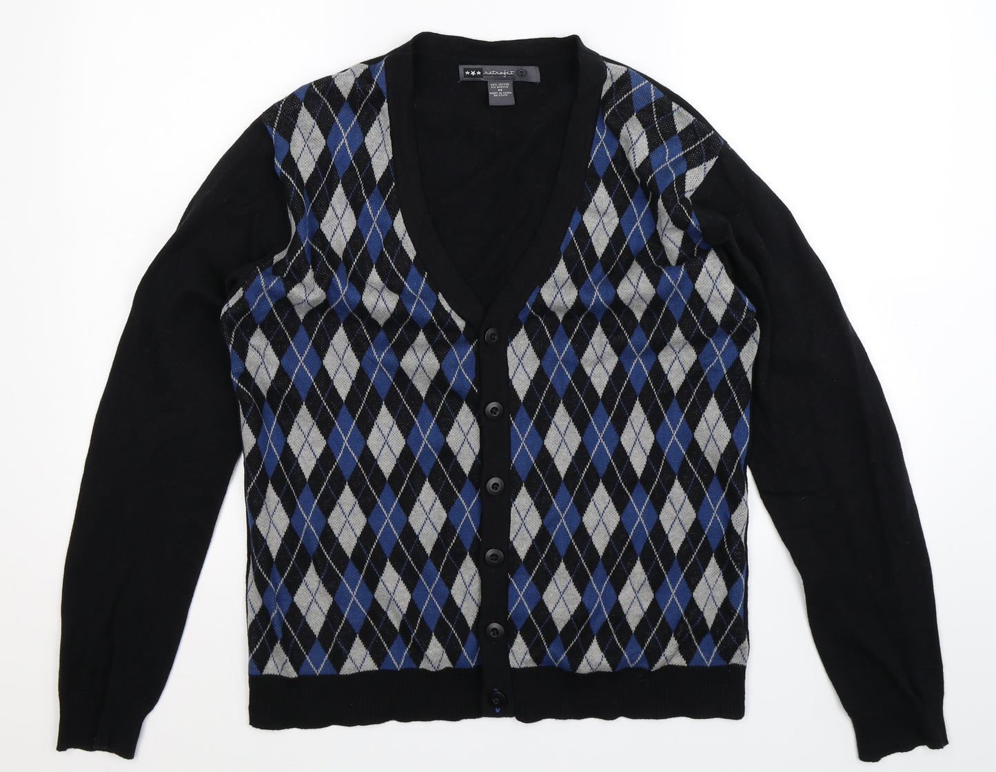 Retrofit Mens Black Check Knit Cardigan Jumper Size M