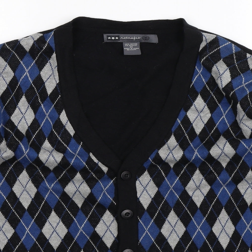 Retrofit Mens Black Check Knit Cardigan Jumper Size M