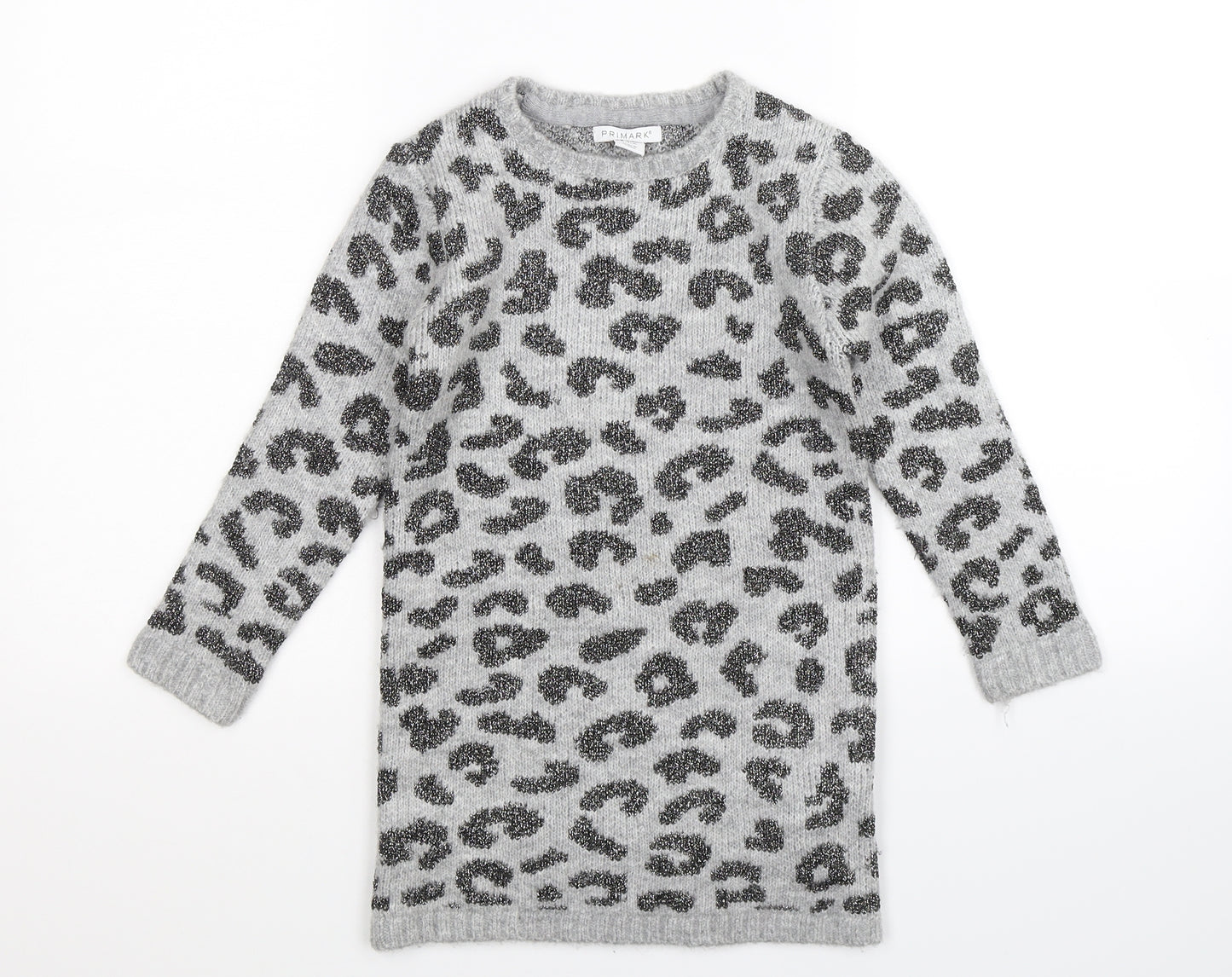Primark Girls Grey Animal Print Knit Pullover Jumper Size 6-7 Years
