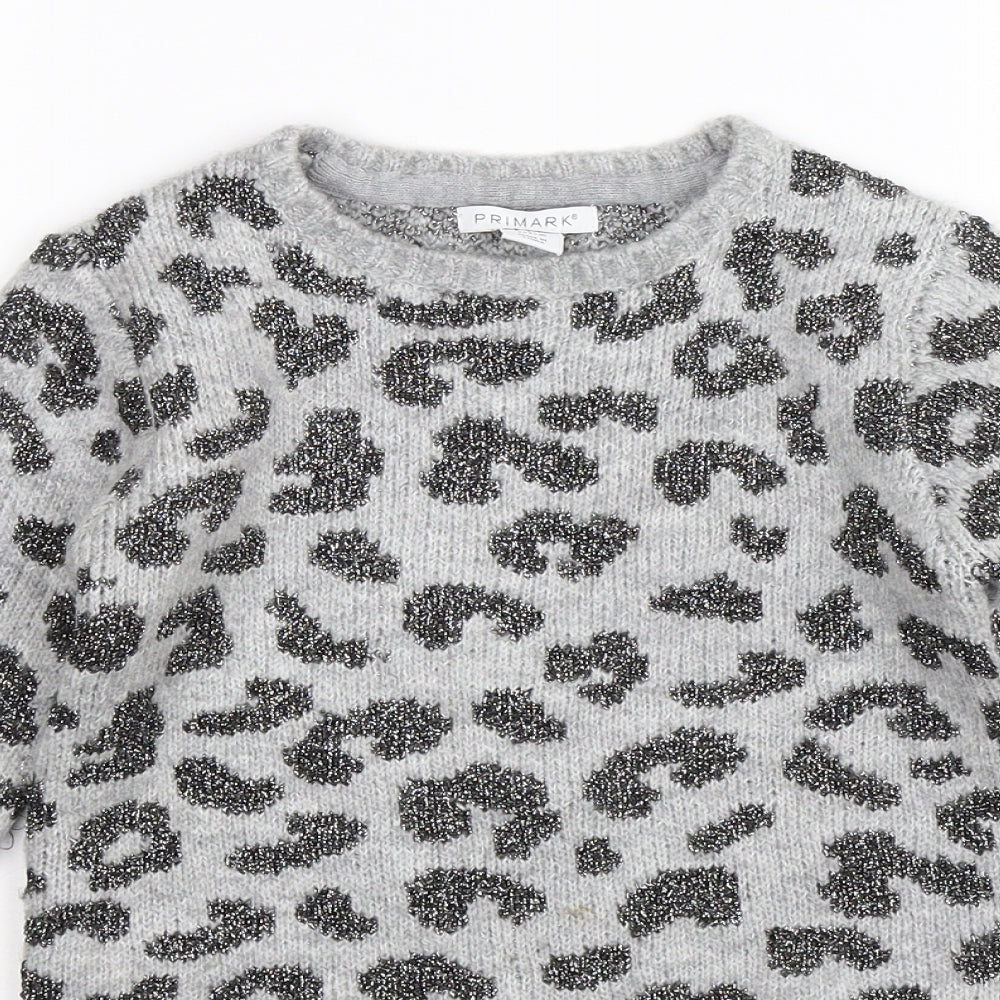 Primark Girls Grey Animal Print Knit Pullover Jumper Size 6-7 Years
