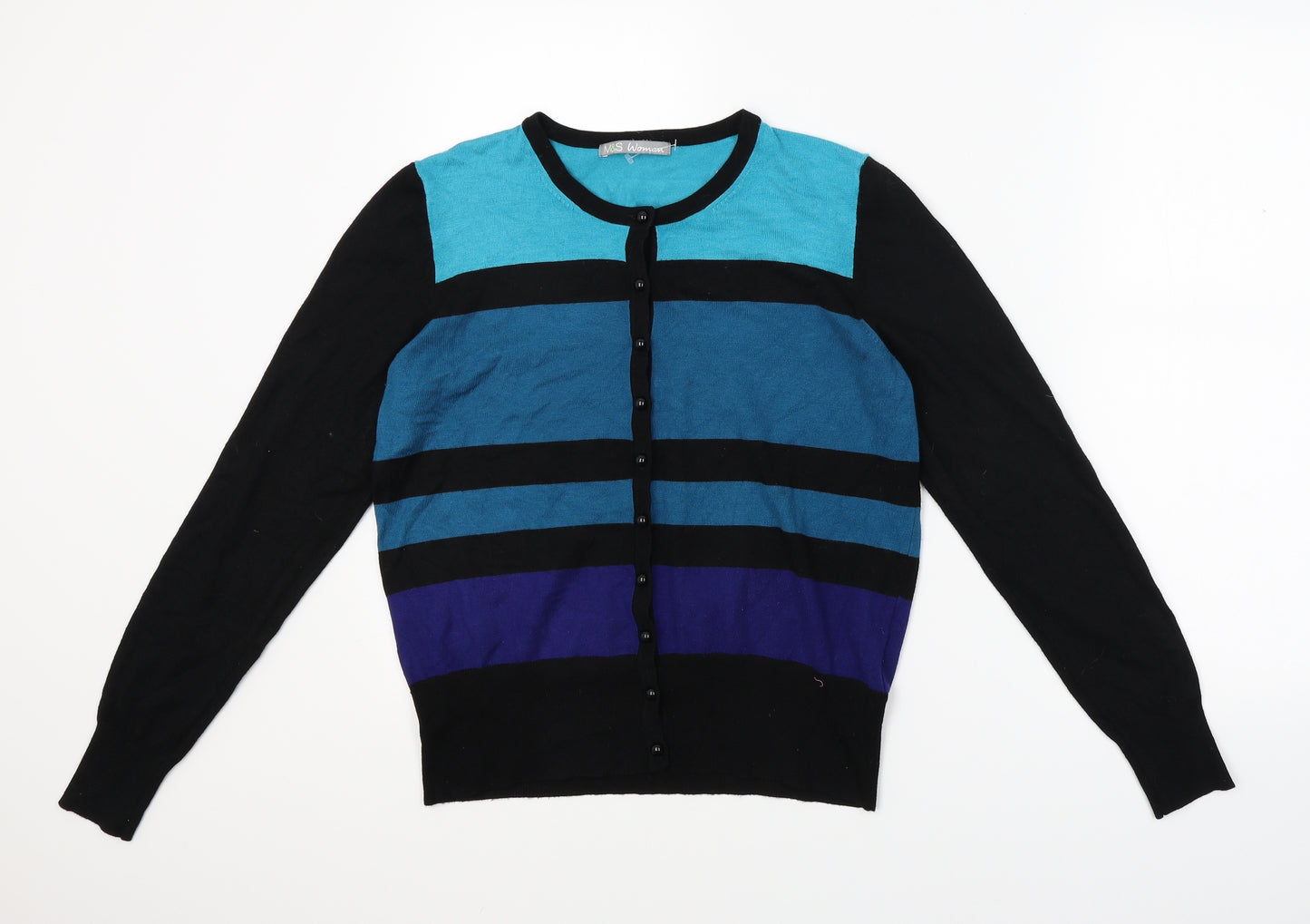 Marks and Spencer Womens Black Striped Knit Cardigan Jumper Size 14