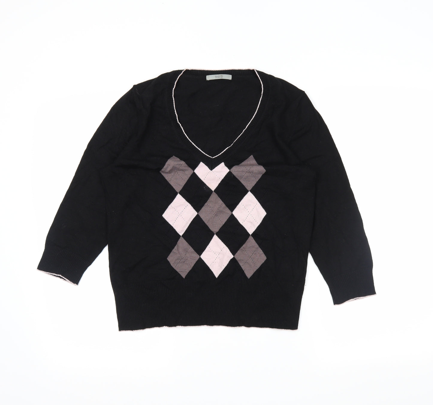 Marks and Spencer Womens Black Argyle/Diamond  Pullover Jumper Size 16
