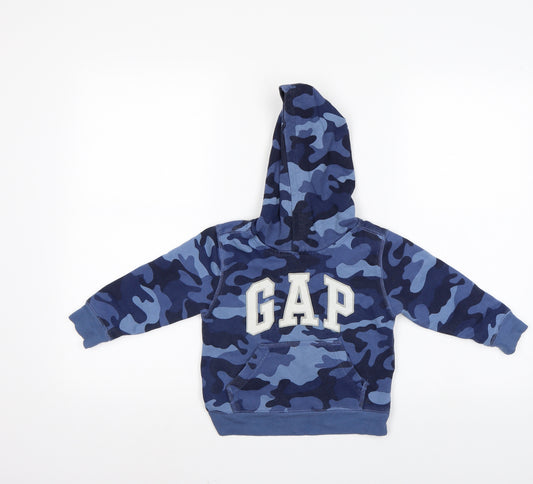 Front view of Gap boys’ blue camouflage pullover hoodie, size 2, years
