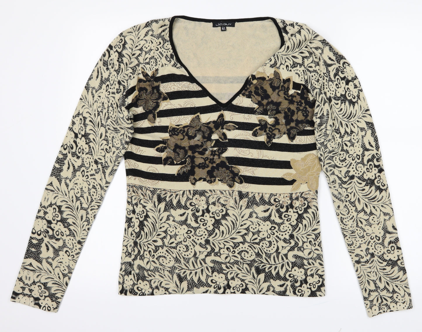 Leo Guy Womens Beige Fair Isle  Pullover Jumper Size M