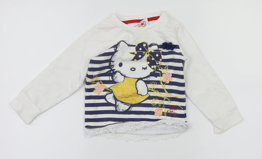 Front view of Hello Kitty girls’ blue animal print henley jumper, size 12-18, months