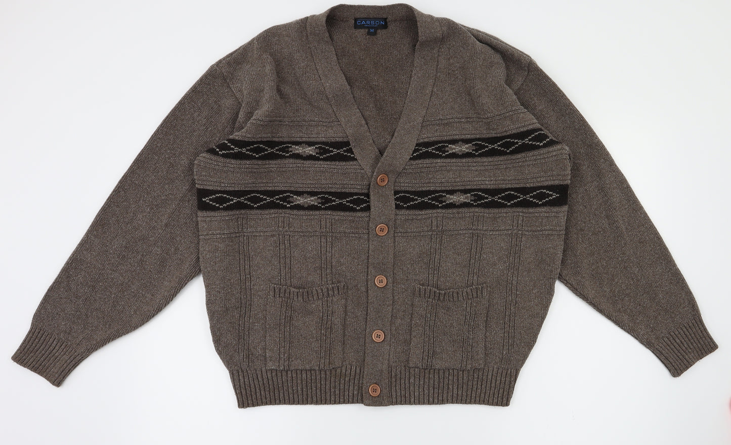 Carson Mens Brown Argyle/Diamond  Cardigan Jumper Size M