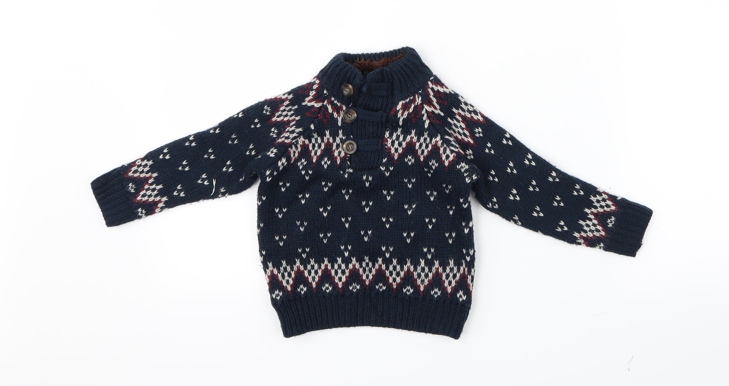 Little Rebel Boys Blue Geometric Knit Pullover Jumper Size 9-12 Months