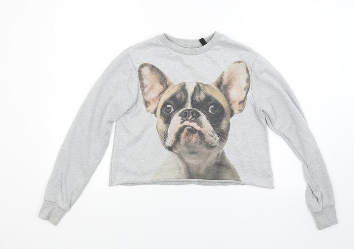 H&M Womens Grey Pullover Sweatshirt Size 6 - Dog Pug