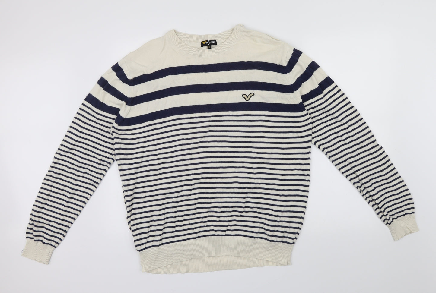 Voi Jeans Mens Ivory Striped  Pullover Jumper Size XL  - button detail on shoulder