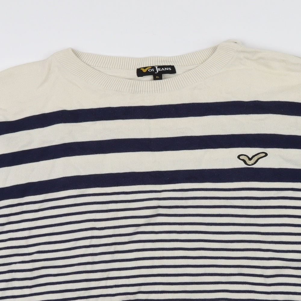 Voi Jeans Mens Ivory Striped  Pullover Jumper Size XL  - button detail on shoulder