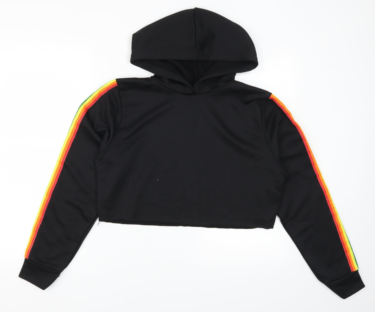 Boohoo Womens Black   Pullover Hoodie Size 10  - Rainbow Striped Sleeves