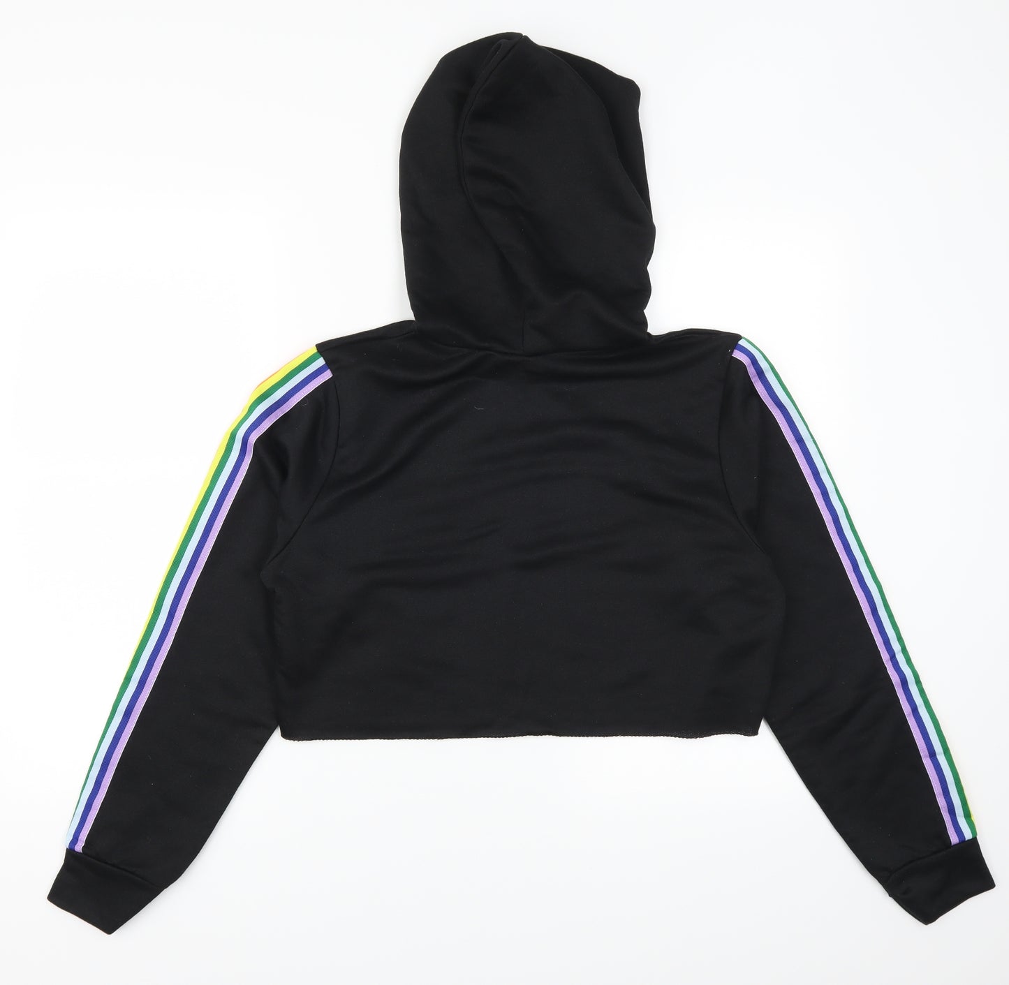 Boohoo Womens Black   Pullover Hoodie Size 10  - Rainbow Striped Sleeves