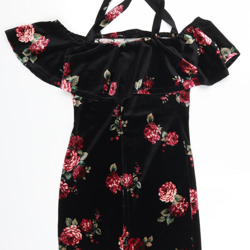 Primark Womens Black Floral  Mini  Size 8  - Pink Rose Print
