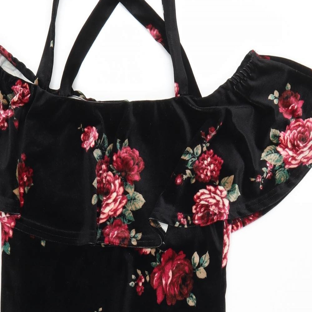 Primark Womens Black Floral  Mini  Size 8  - Pink Rose Print