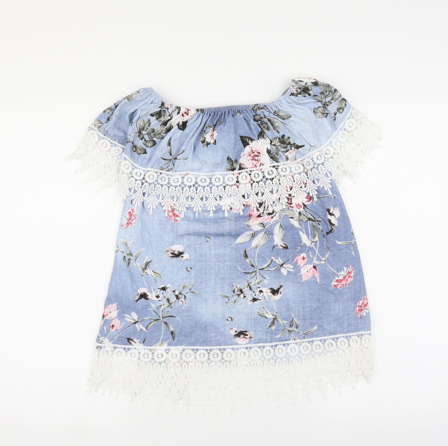 Preworn Womens Blue Floral  Basic Blouse   - lace detail