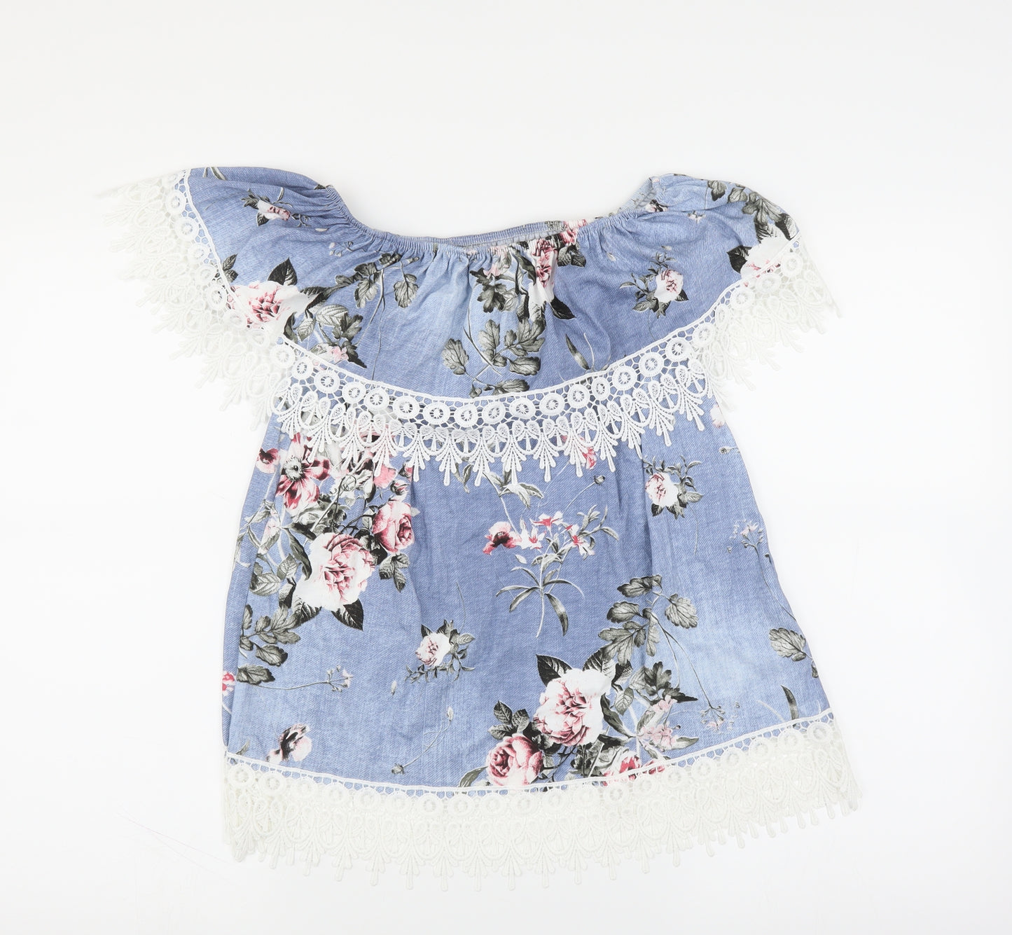 Preworn Womens Blue Floral  Basic Blouse   - lace detail