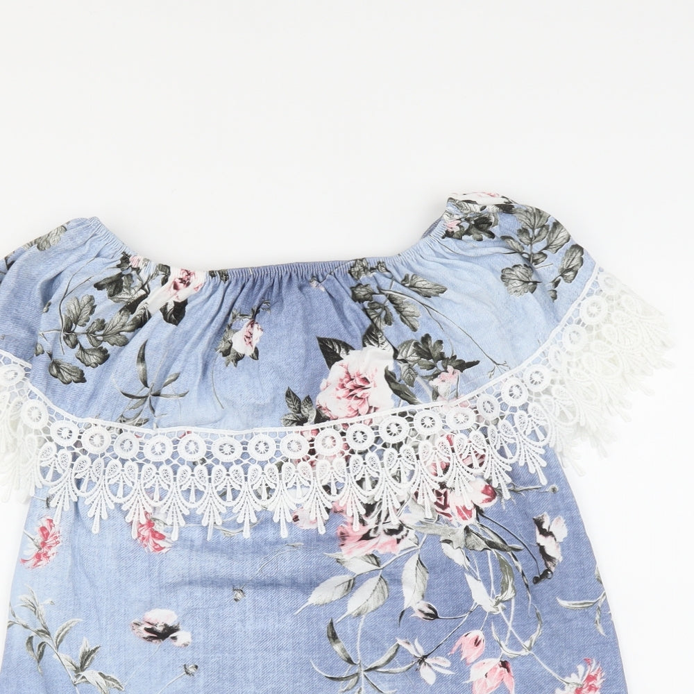 Preworn Womens Blue Floral  Basic Blouse   - lace detail