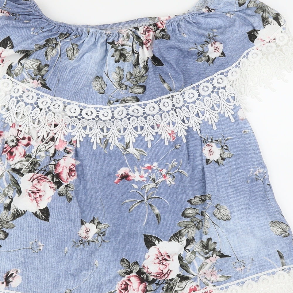 Preworn Womens Blue Floral  Basic Blouse   - lace detail