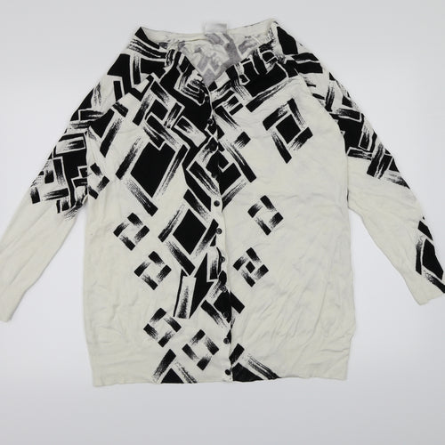 Roman Womens White Geometric Knit Cardigan Jumper Size M
