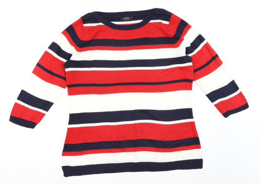 Front view of Papaya women’s red striped jumper, size UK 12