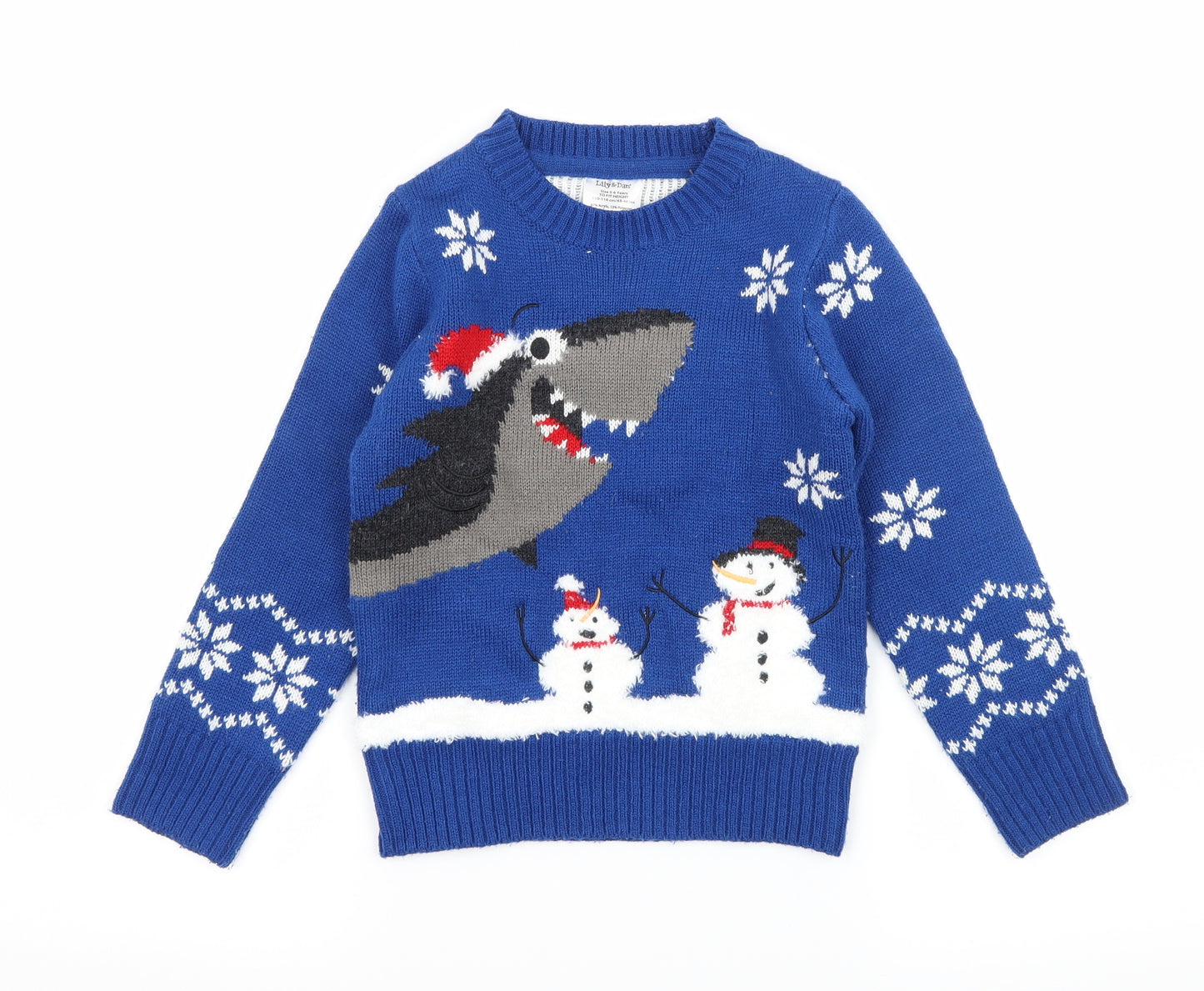 Lily & Dan Boys Blue Geometric Knit Pullover Jumper Size 5-6 Years  - Christmas Shark