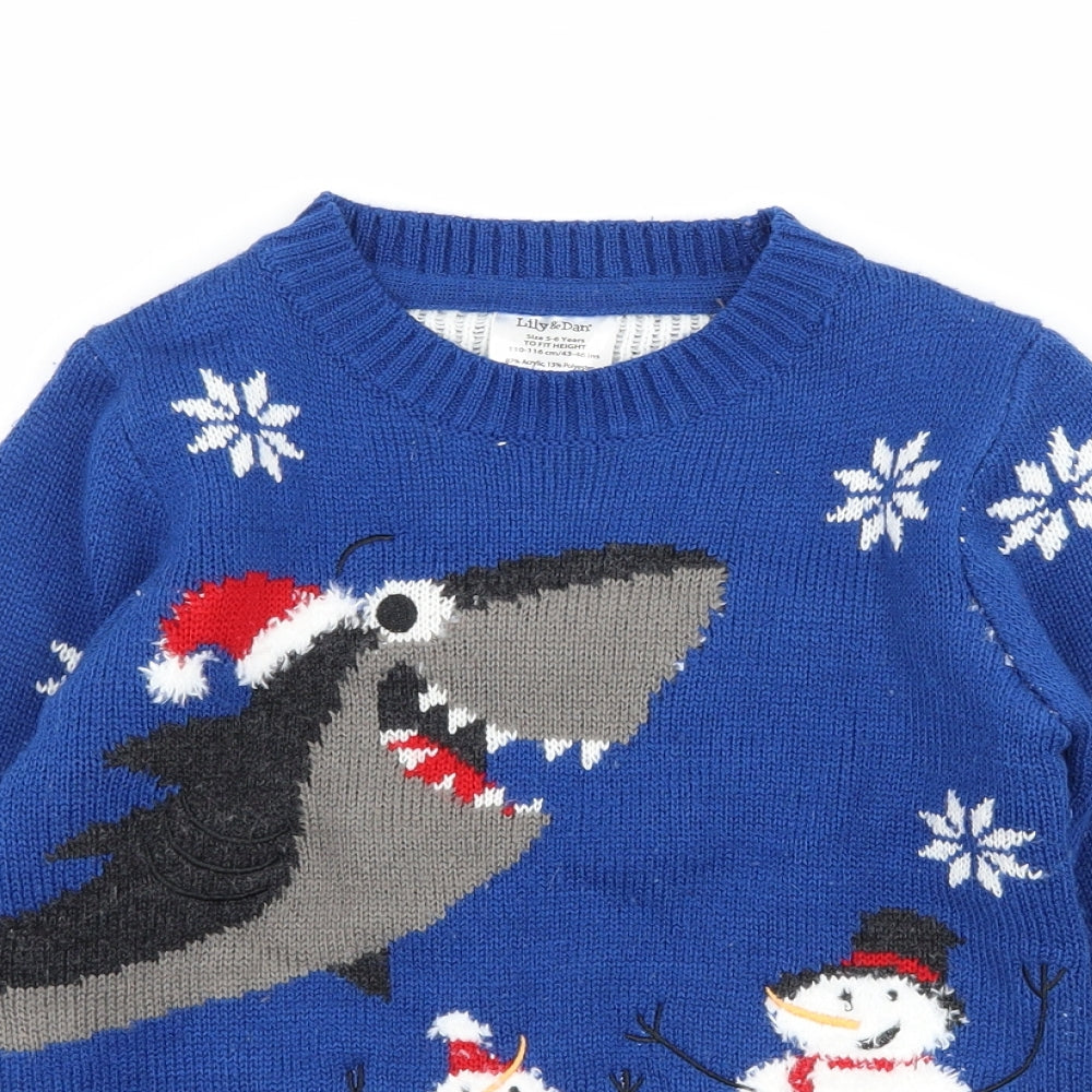 Lily & Dan Boys Blue Geometric Knit Pullover Jumper Size 5-6 Years  - Christmas Shark