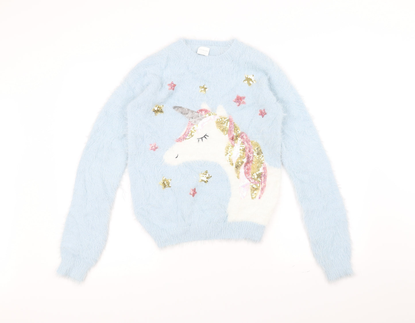 F&F Girls Blue   Pullover Jumper Size 12-13 Years  - unicorn