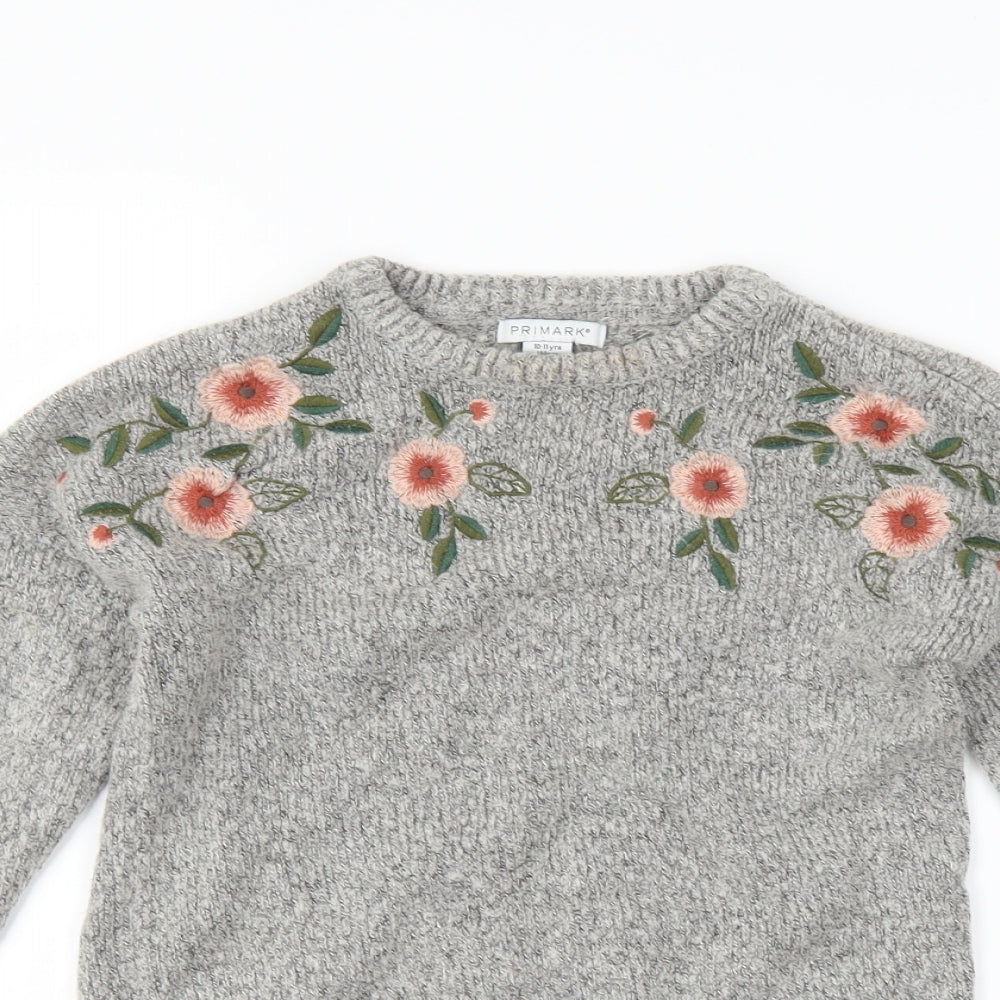Primark Girls Grey Floral  Pullover Jumper Size 10-11 Years