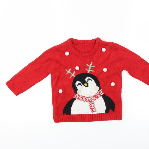 Matalan Girls Red   Pullover Jumper Size 12-18 Months  - penguin