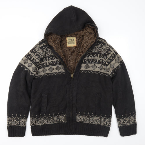 Marks and Spencer Mens Brown Fair Isle Knit Jacket Coatigan Size L  - Fleece lined