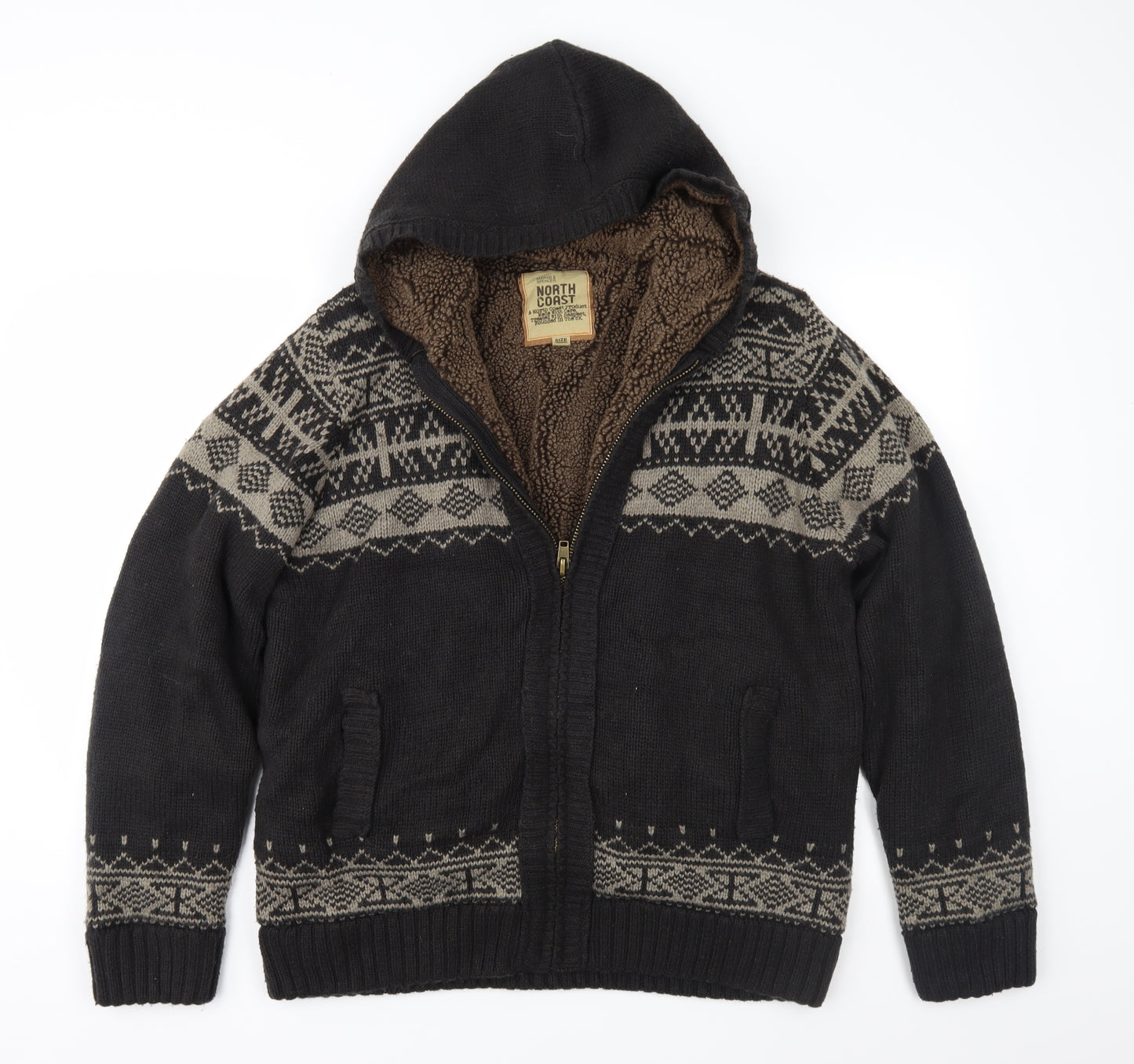 Marks and Spencer Mens Brown Fair Isle Knit Jacket Coatigan Size L  - Fleece lined