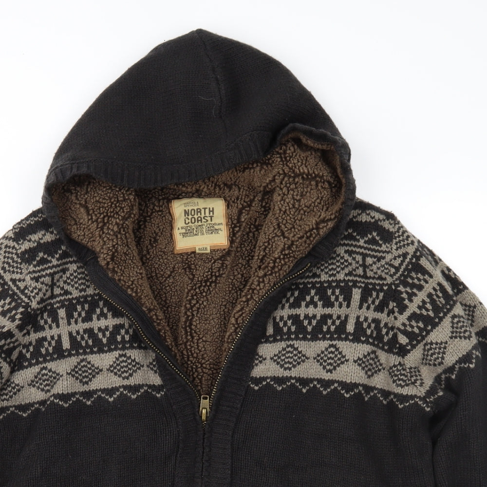 Marks and Spencer Mens Brown Fair Isle Knit Jacket Coatigan Size L  - Fleece lined