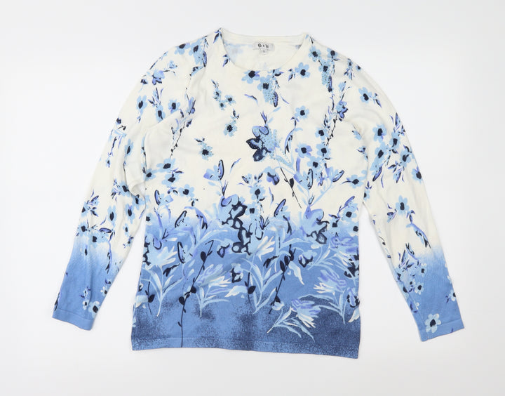 B&W Womens Blue Floral Knit Pullover Jumper Size S