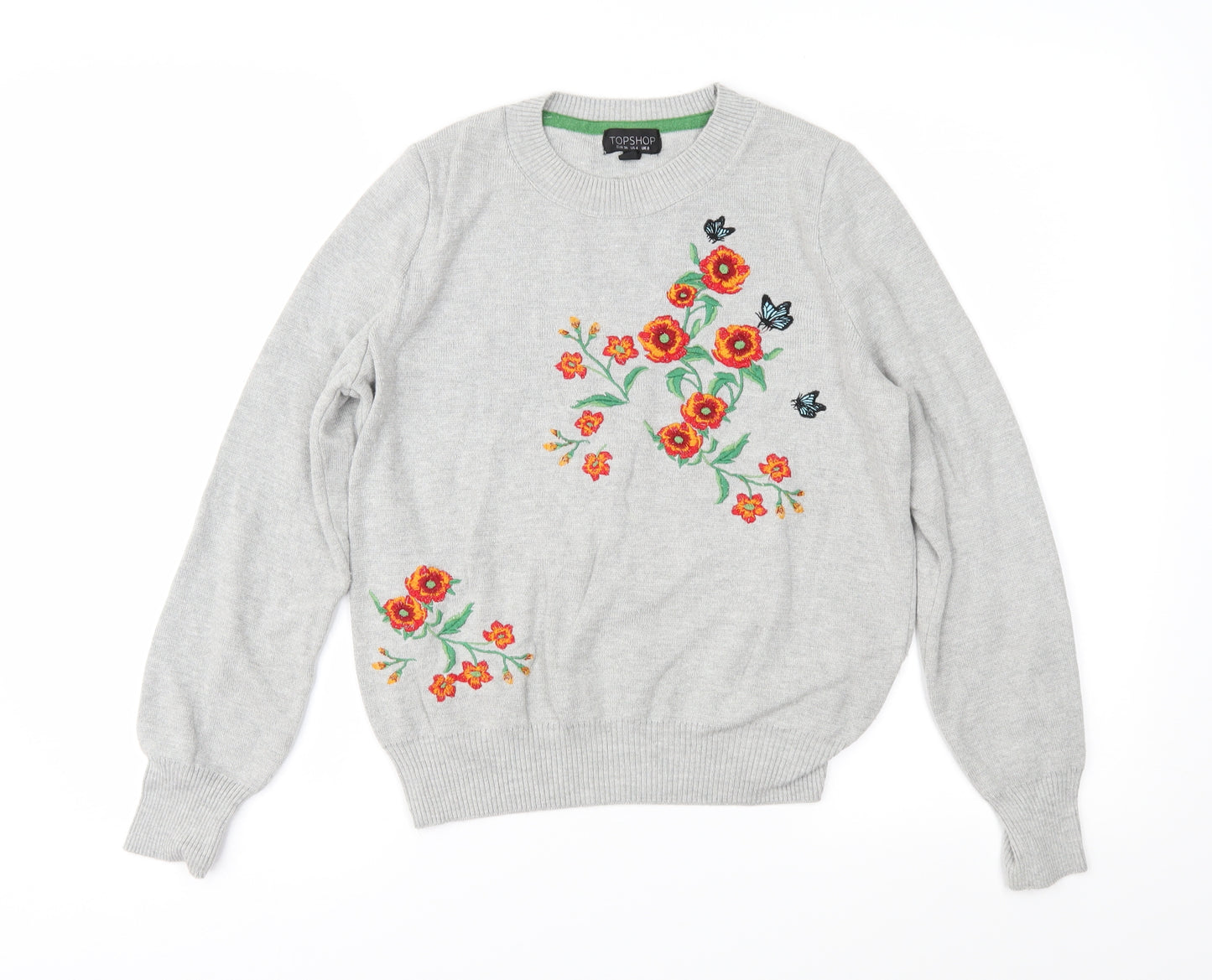 Topshop Womens Grey Floral Knit Pullover Jumper Size 8