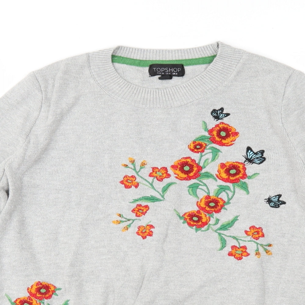 Topshop Womens Grey Floral Knit Pullover Jumper Size 8