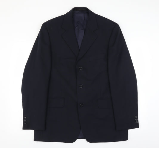 Front view of Burton men’s blue jacket suit jacket, size 42