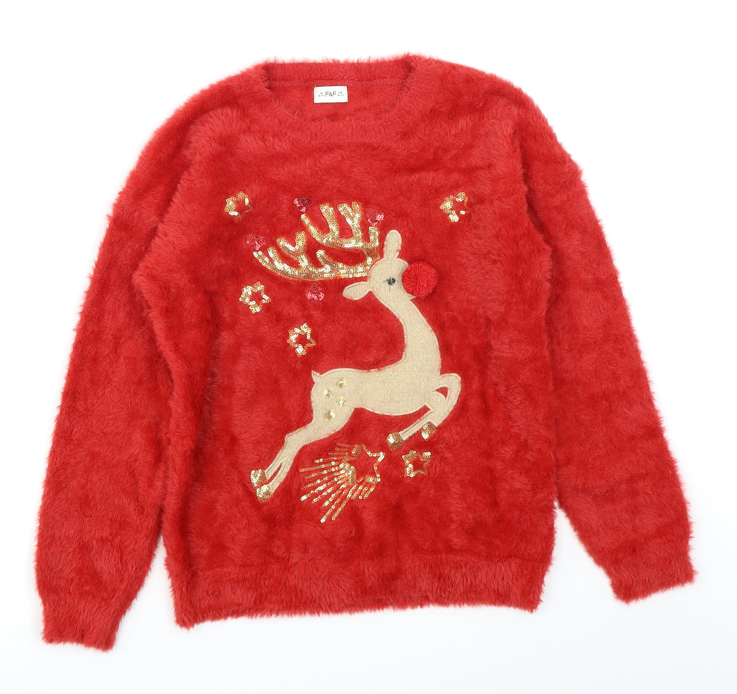 F&F Girls Red   Pullover Jumper Size 10-11 Years  - Christmas Reindeer
