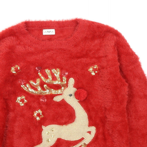 F&F Girls Red   Pullover Jumper Size 10-11 Years  - Christmas Reindeer