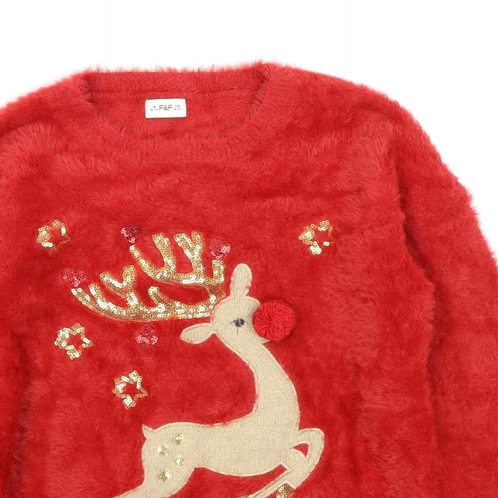 F&F Girls Red   Pullover Jumper Size 10-11 Years  - Christmas Reindeer