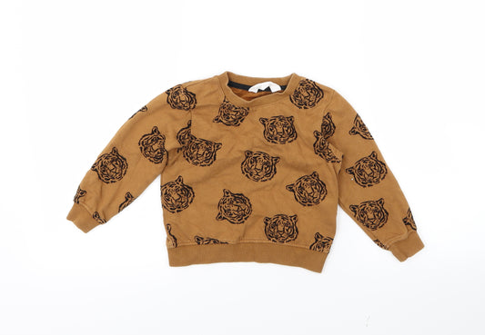 Front view of H&M boys’ brown geometric jumper, size 2, years - tiger
