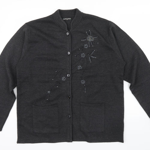 KAFTEY FASHION Womens Grey Floral  Cardigan Jumper Size L  - Embroidered flower an beading detail