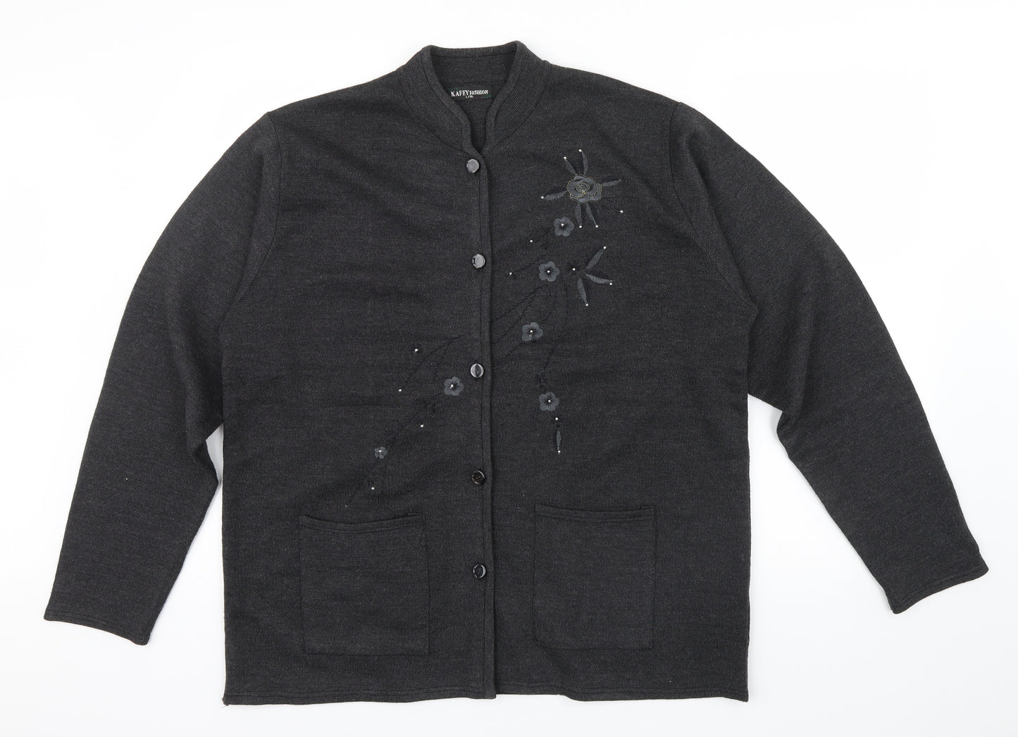 KAFTEY FASHION Womens Grey Floral  Cardigan Jumper Size L  - Embroidered flower an beading detail