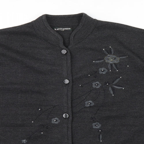 KAFTEY FASHION Womens Grey Floral  Cardigan Jumper Size L  - Embroidered flower an beading detail