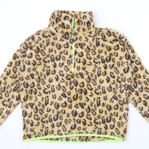 RBX Girls Brown Animal Print  Pullover Jumper Size L  - yellow edging sleeves an zip