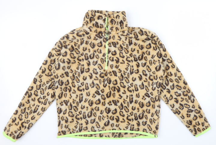 RBX Girls Brown Animal Print Pullover Jumper Size L - yellow edging sleeves an zip