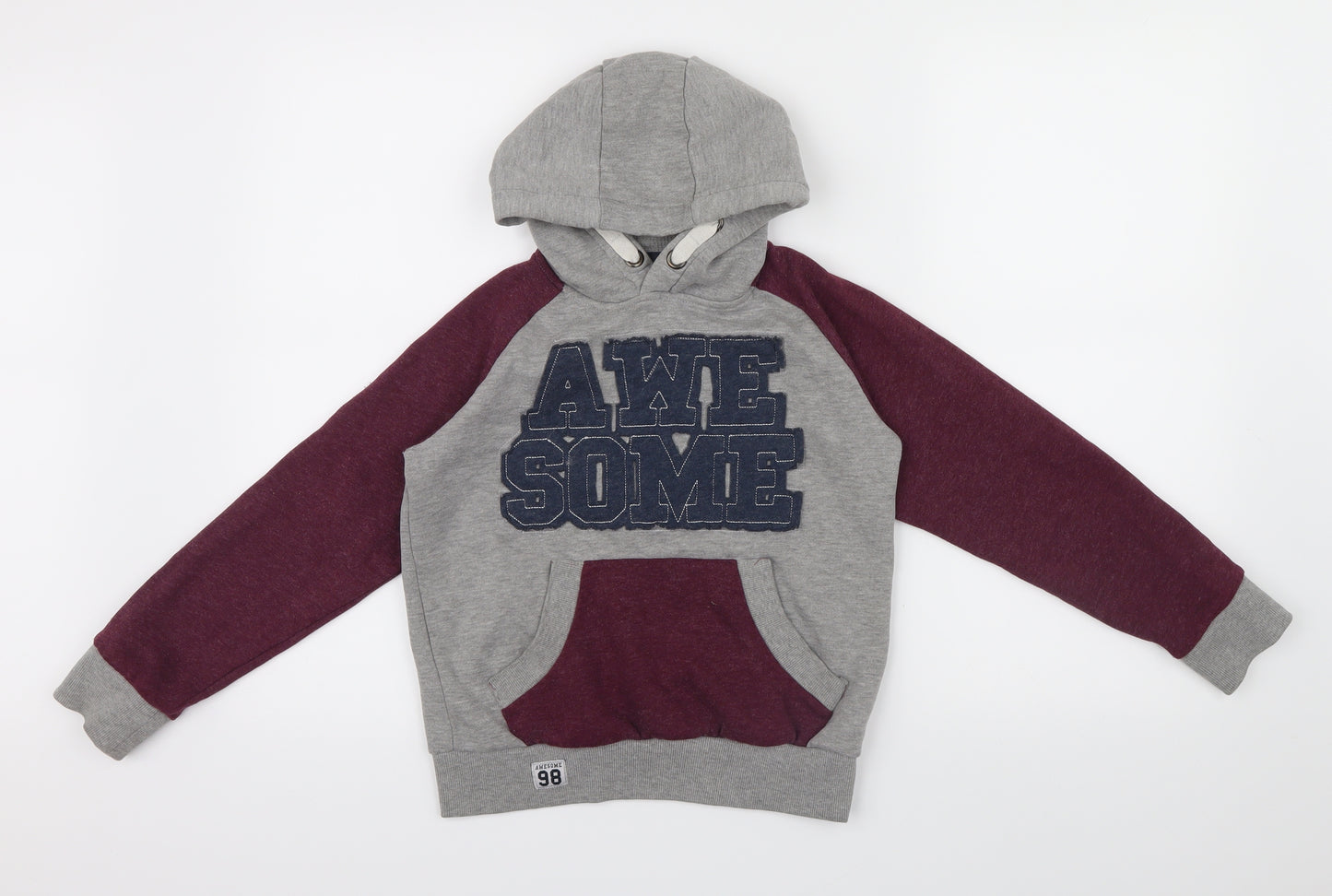 Rebel Boys Grey Colourblock  Henley Hoodie Size 10 Years  - Embroidered logo on front