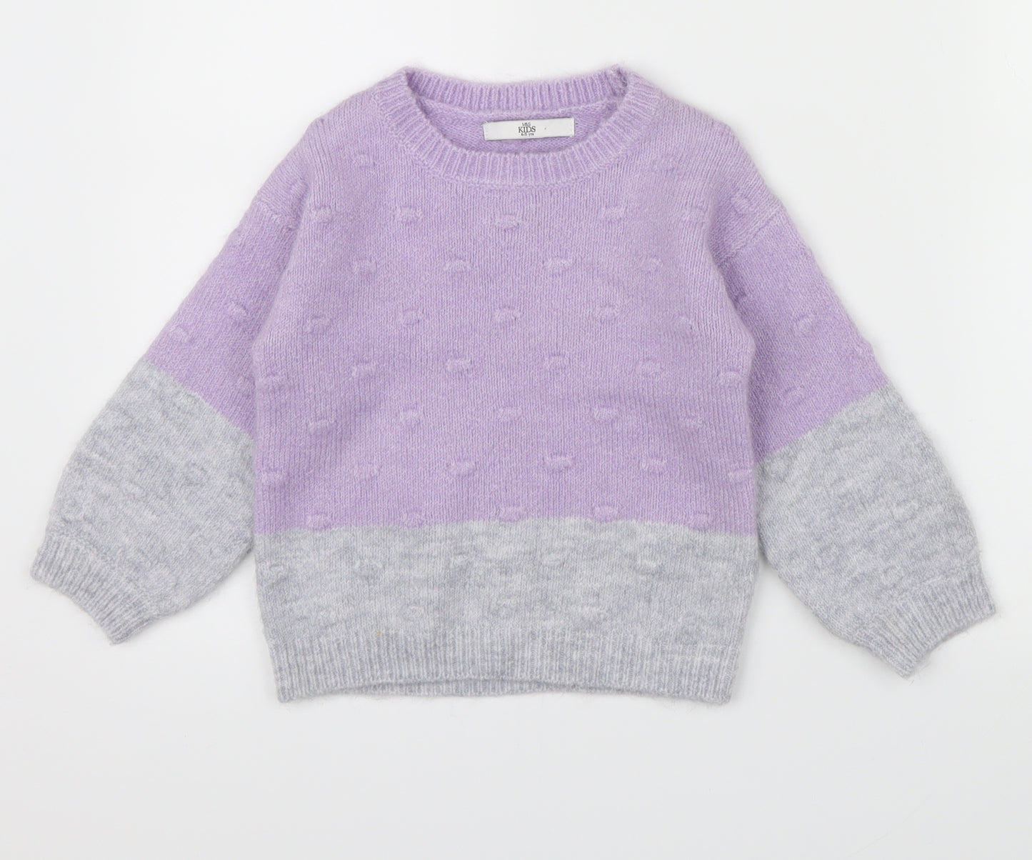 M&S Girls Purple Colourblock  Pullover Jumper Size 4-5 Years  - grey band around bottom of jumper an sleeves