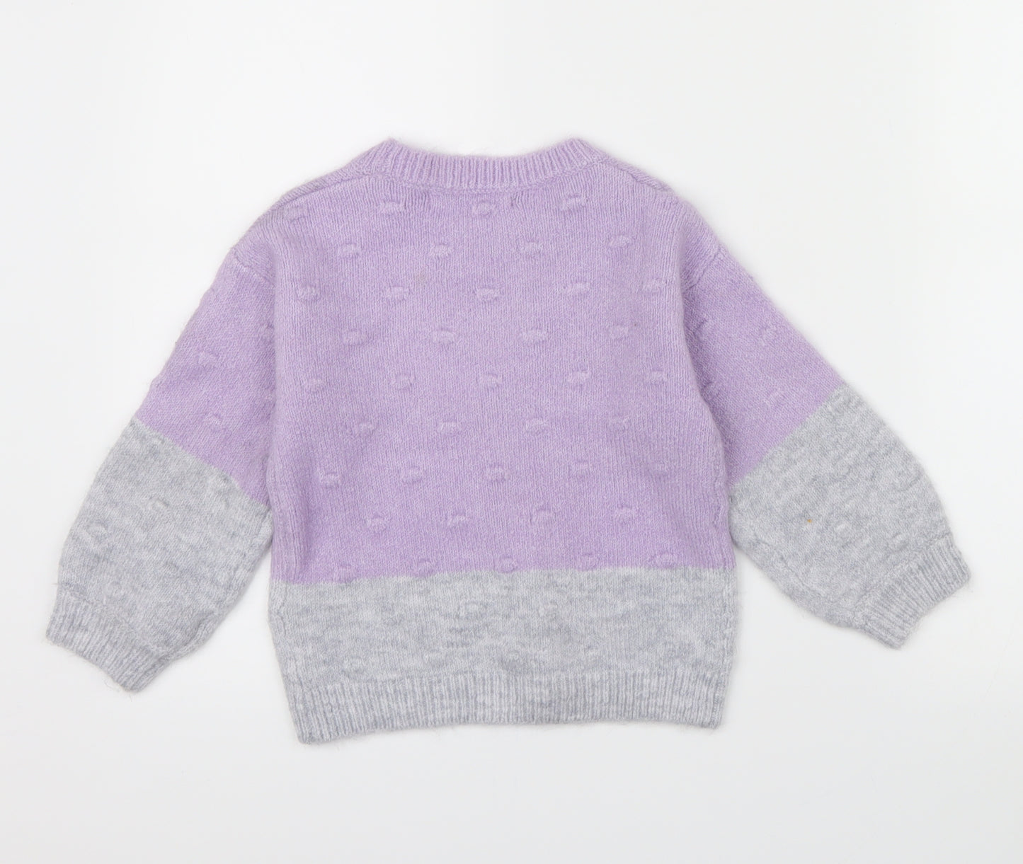 M&S Girls Purple Colourblock  Pullover Jumper Size 4-5 Years  - grey band around bottom of jumper an sleeves