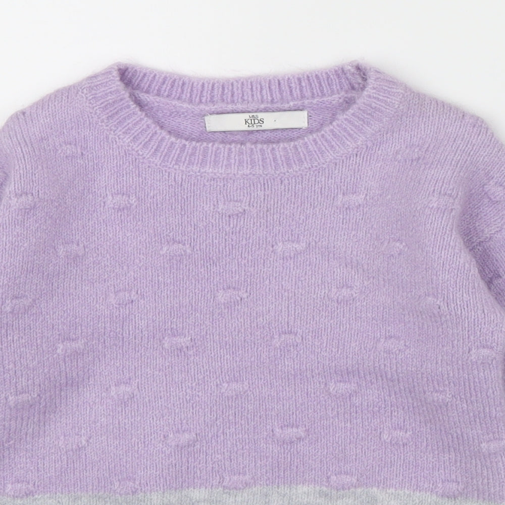 M&S Girls Purple Colourblock  Pullover Jumper Size 4-5 Years  - grey band around bottom of jumper an sleeves