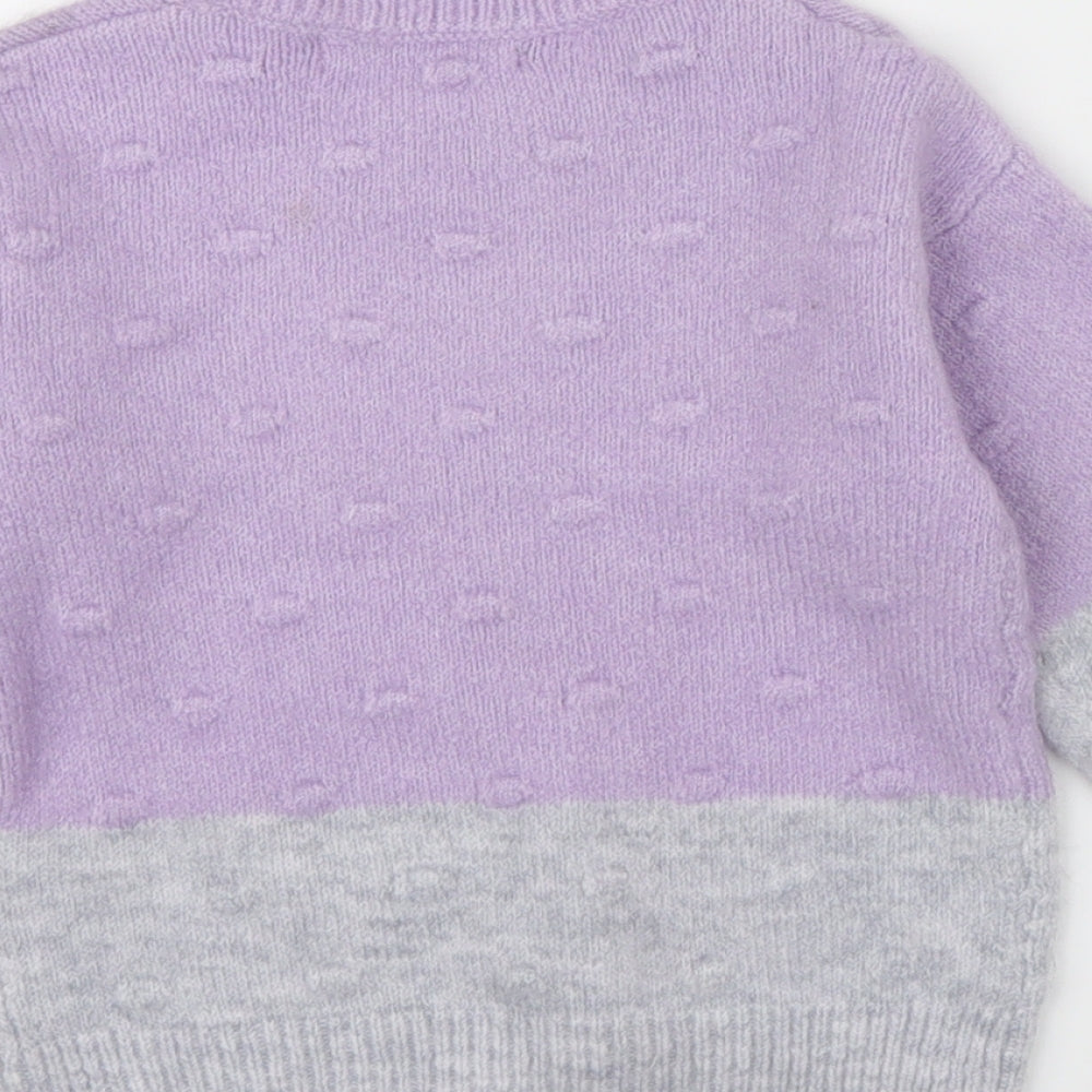 M&S Girls Purple Colourblock  Pullover Jumper Size 4-5 Years  - grey band around bottom of jumper an sleeves